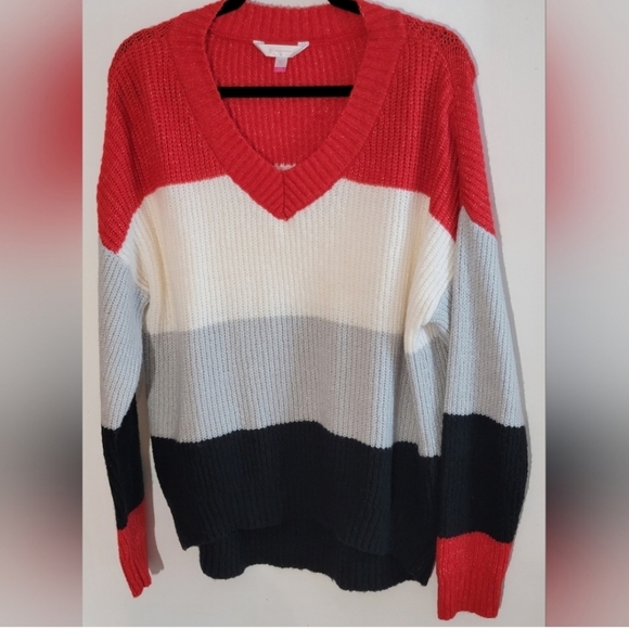 No Boundaries Sweaters - No Boundaries Red, Cream, Gray, and Black V-Neck Sweater